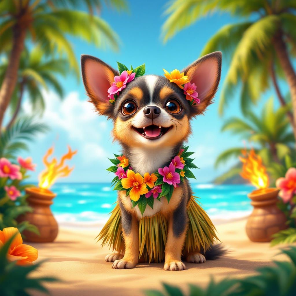 Whimsical Chihuahua at Luau in Stylized CGI Cartoon