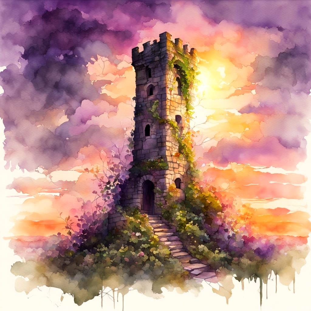 Ethereal Sunset Tower in Watercolor Style