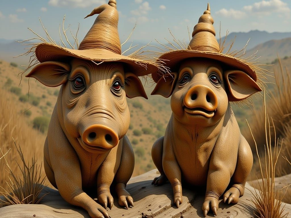 Rustic Wood Pigs in Rural Folk Art Style