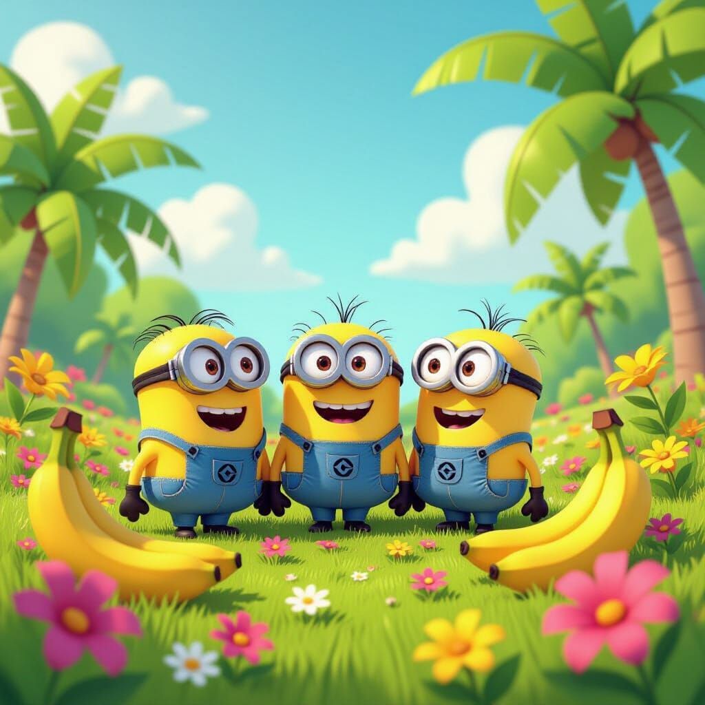 Minions Enjoying a Sunny Landscape with Bananas and Flowers