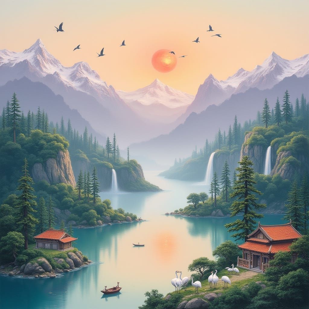 Serene Feng Shui Landscape in Oil Painting Style