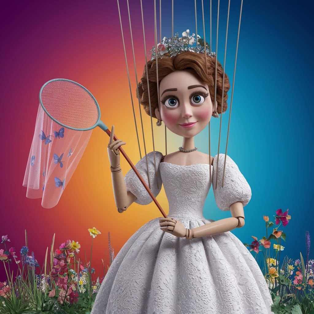 Marionette Bride with Butterfly Net: 3D Digital Art