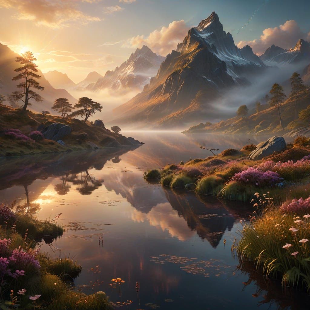 Misty Scottish Loch with Ethereal Light and Mountain Reflect...