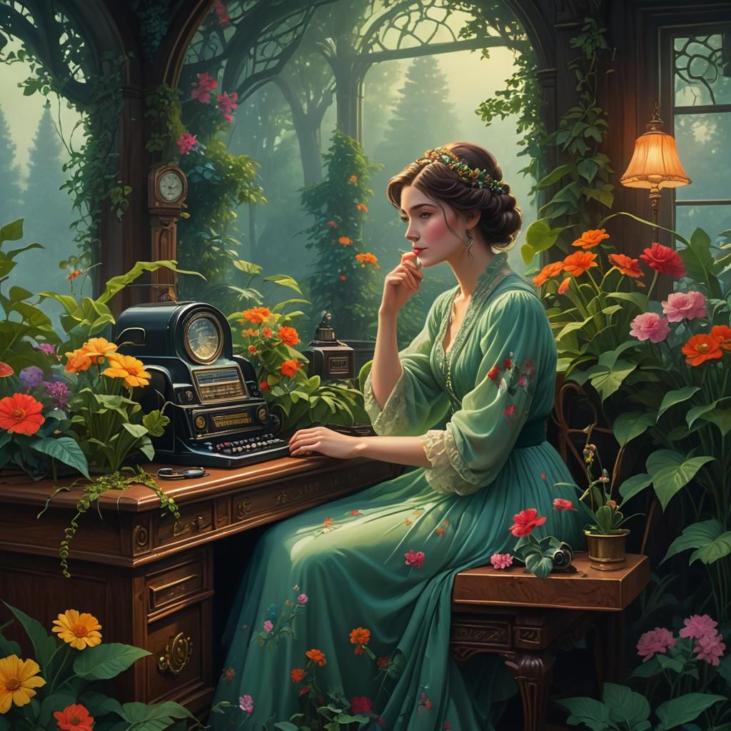 Woman Broadcasting on Vintage Radio in Dreamy Style