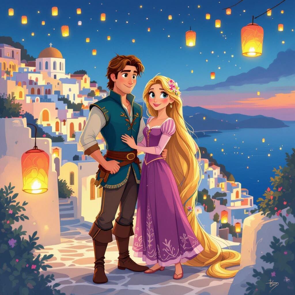 Rapunzel and Flynn in Santorini with Lanterns