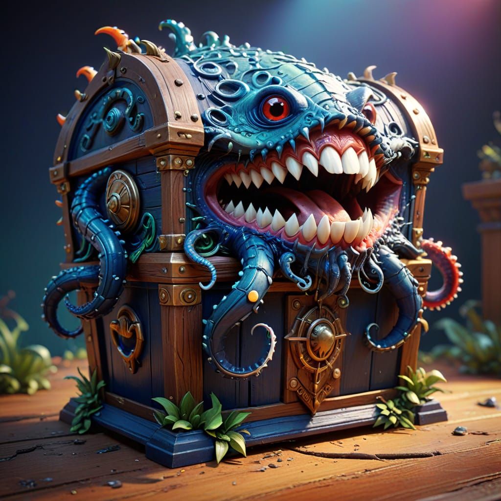Surreal Monster Mimic Treasure Chest in Luxurious Wood with ...