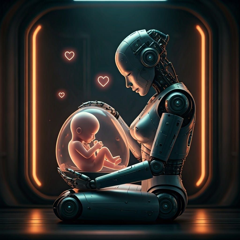 Robot Mother Cradling Embryo in Futuristic Sanctuary