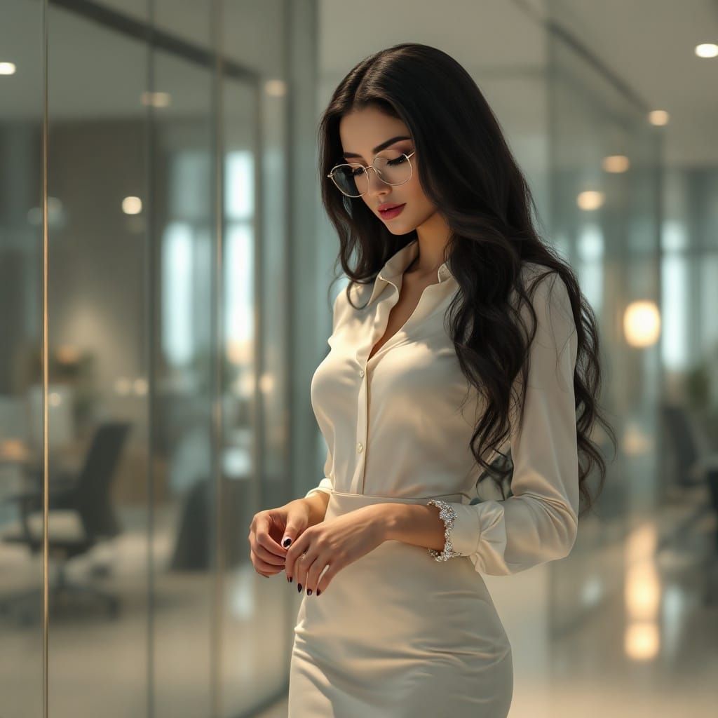 Stunning Dark-Haired Secretary in High-Fashion Office Settin...