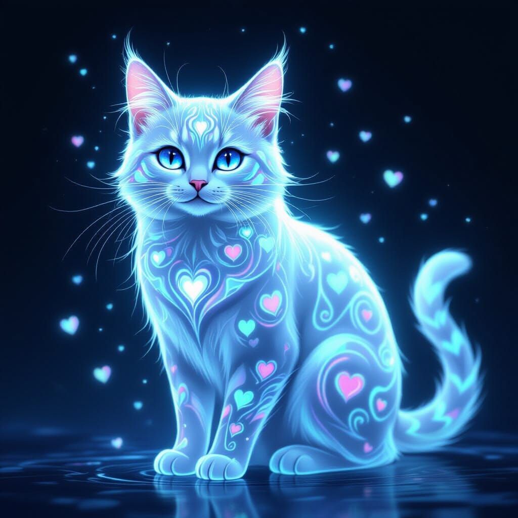 Ethereal Translucent Cat with Glowing Heart Patterns