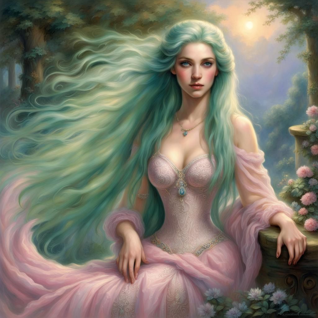 Ethereal Woman with Long Green Hair, Fantasy Art