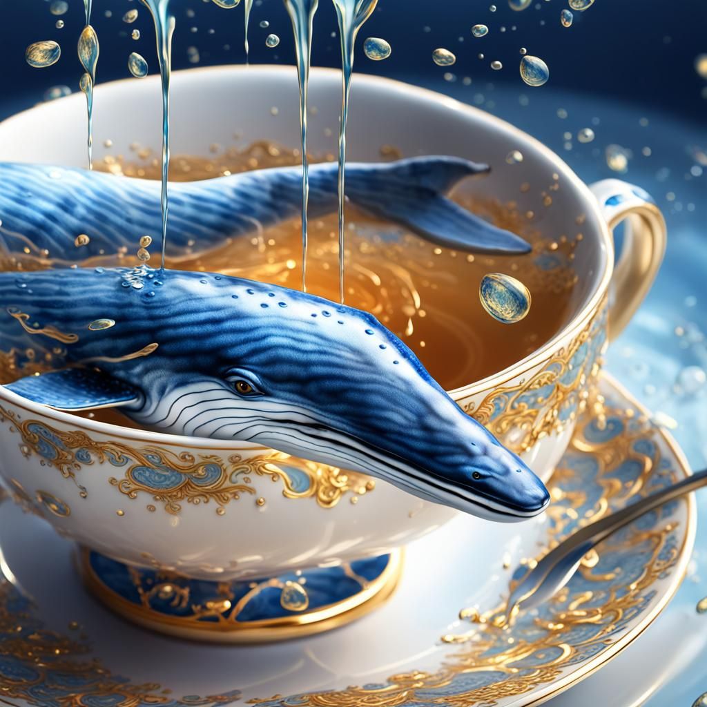 Blue Whale Swimming in Teacup: Hyperrealistic Digital Art
