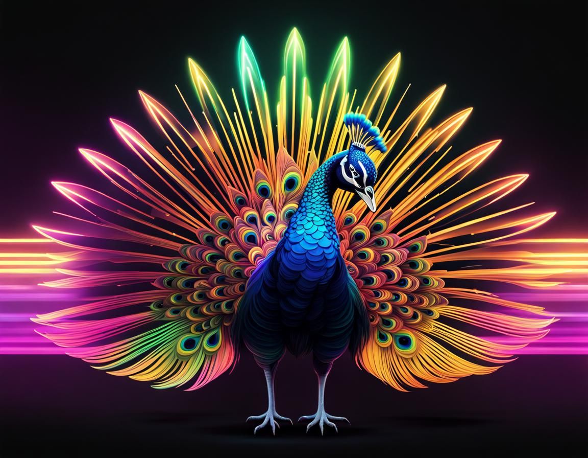 Holographic Peacock on Neon Rainbow in Space Art Style