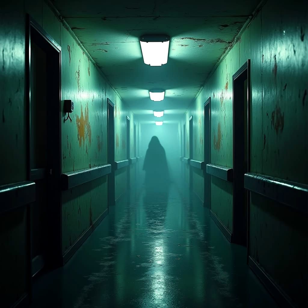 Ghostly Figure in Dark Hospital Hallway