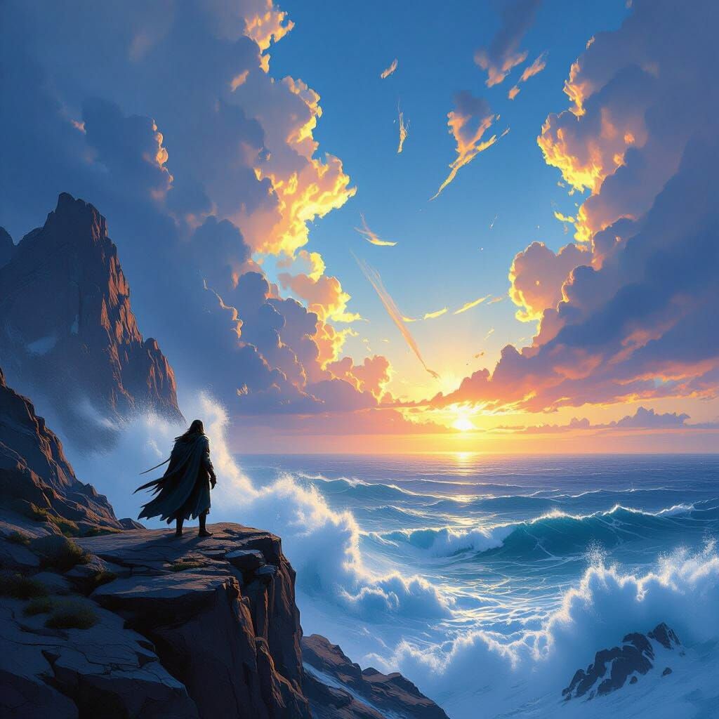 Warrior Gazes at Sea and Sky Clash in Epic Concept Art