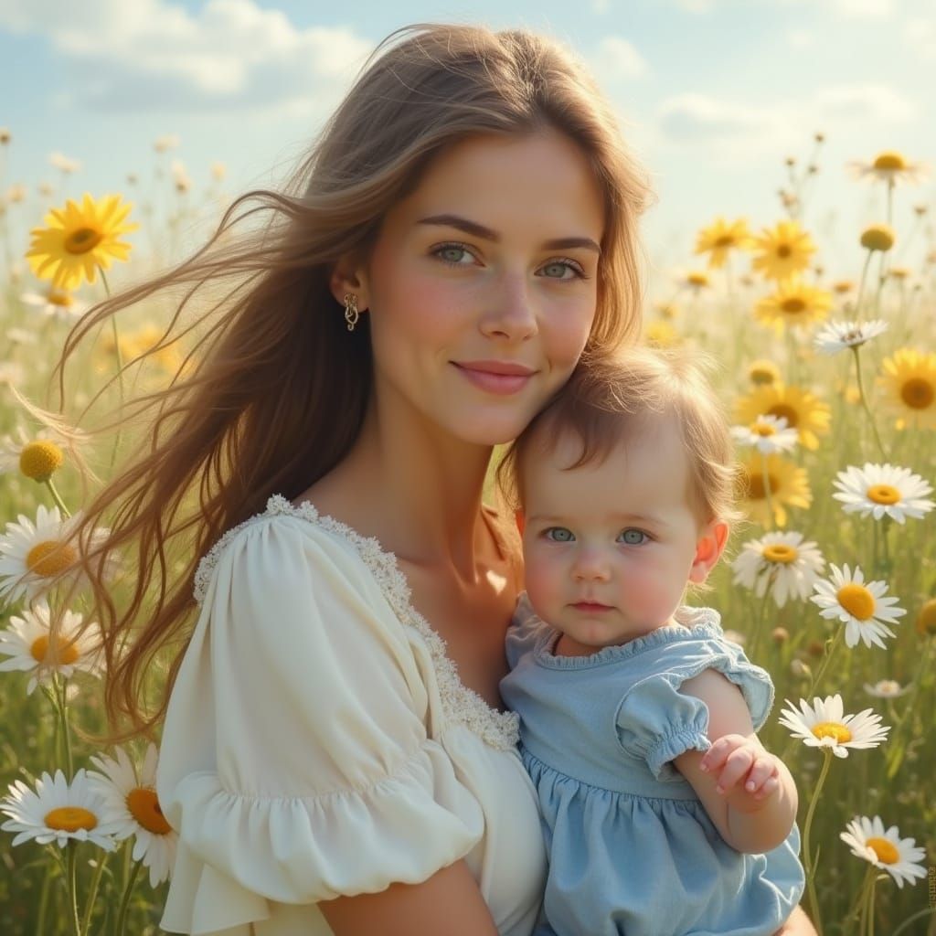 Mother and Child in Vibrant Floral Field