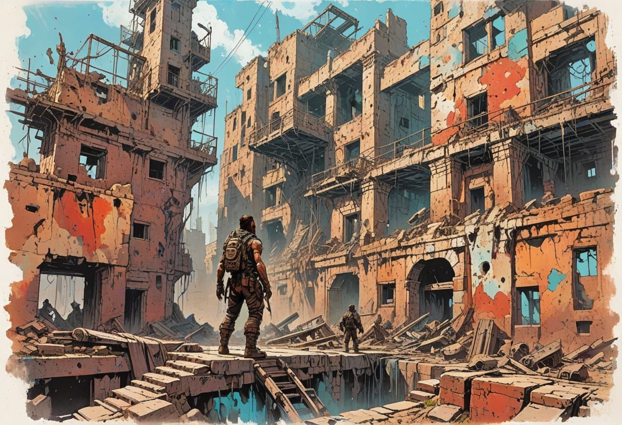 Grizzled Survivor in Golden Hour Post-Apocalyptic Wasteland,...