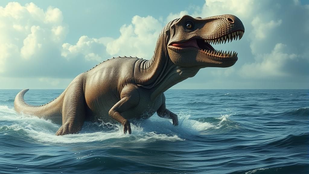 T-Rex gigante en el océano intentando atrapar al Mosasaurio.