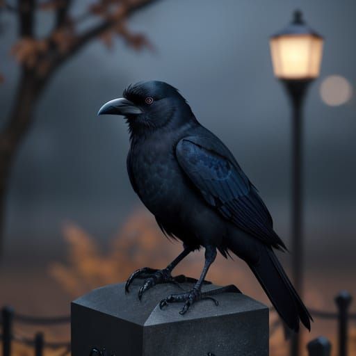 Crow on Grave at Autumn Night, Leaving Rose