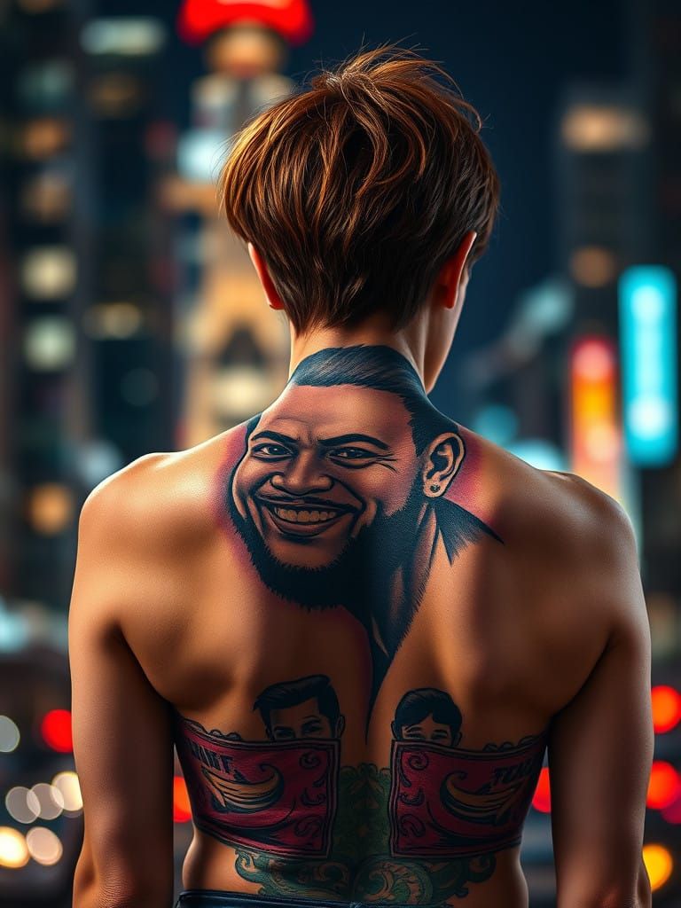 Vibrant Portrait of Charismatic Man on Woman's Back Tattoo