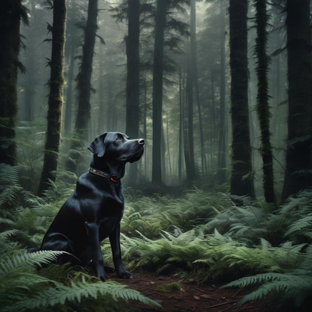 Black Labrador Retriever in a Misted Forest
