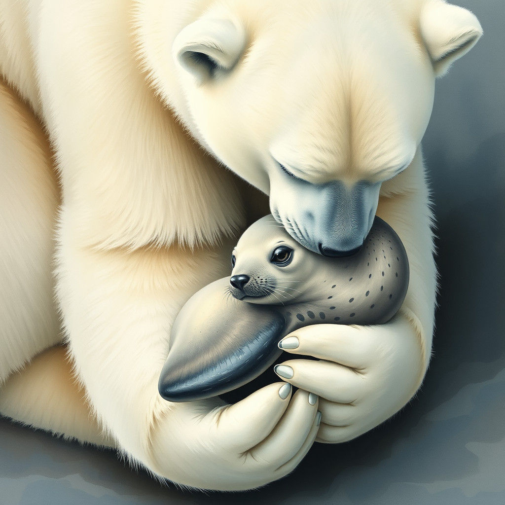 Polar Bear Cradling Seal: Symbolic Wildlife Art