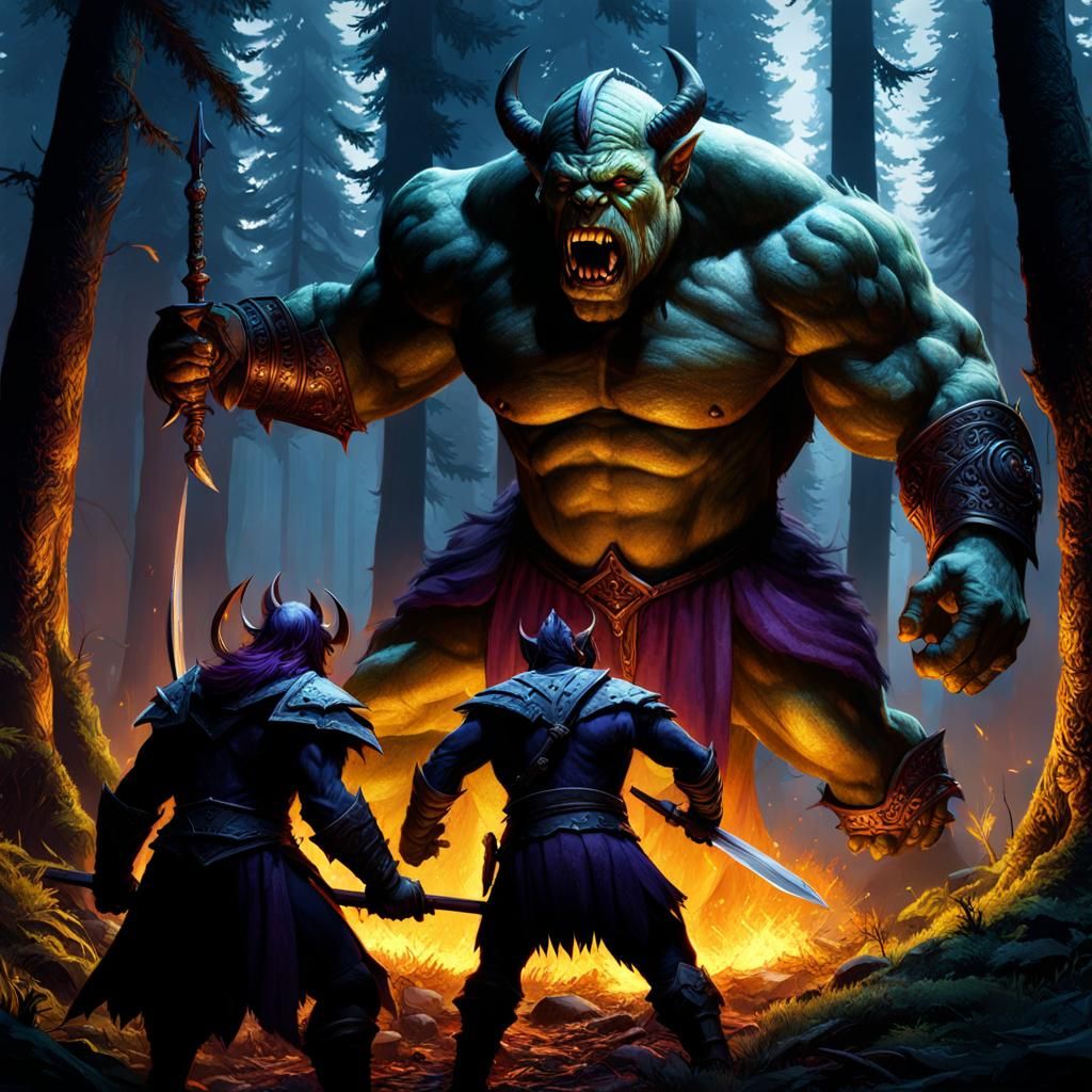 Warriors Clash with Orc in Dark Fantasy Forest