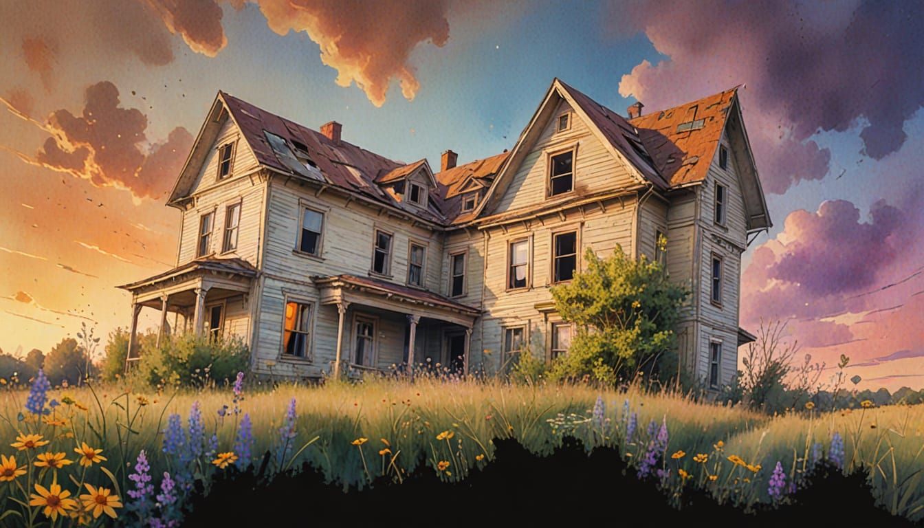 Abandoned House in Watercolor and Chalk Style