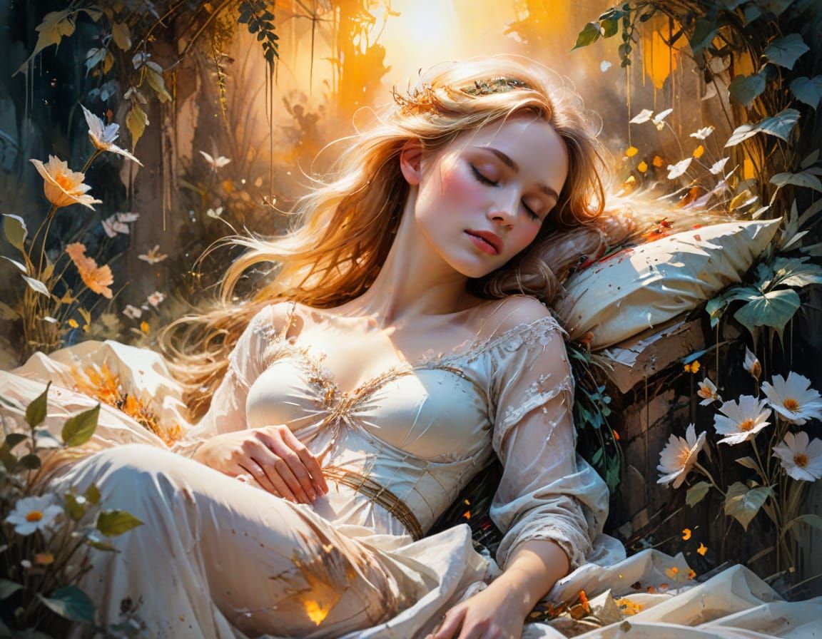 Sleeping Beauty in Garden, Watercolour Painting