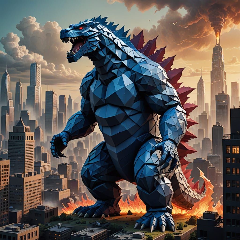 Surreal Origami Godzilla Dominates Dreamlike Cityscape in Oi...