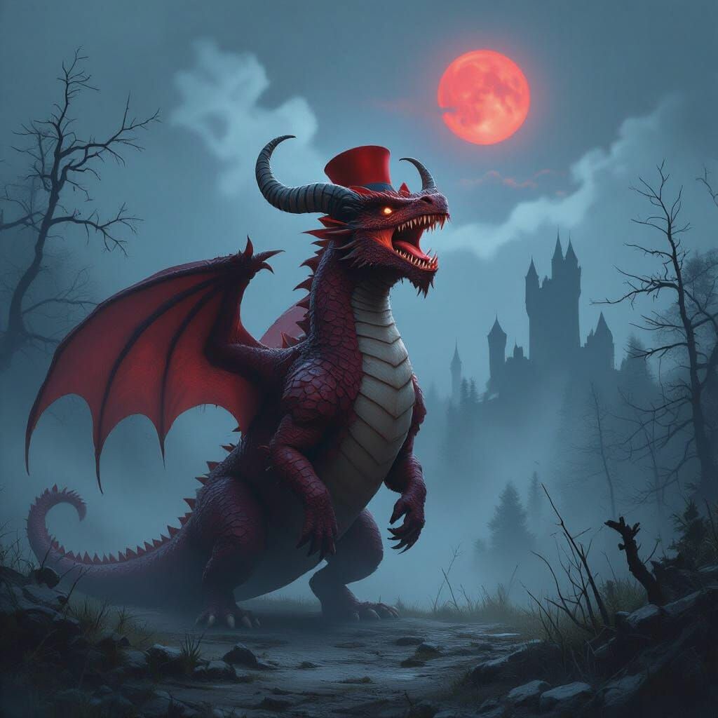 Red Dragon Roaring in Misty Forest, Hyper-Realistic Style