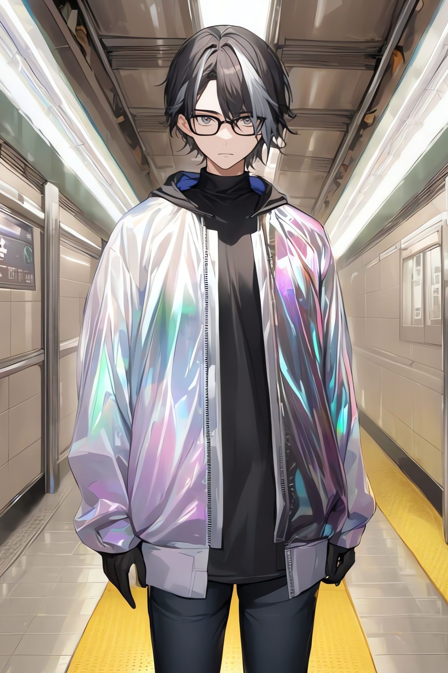 Surprised Man in Subway with Iridescent Jacket