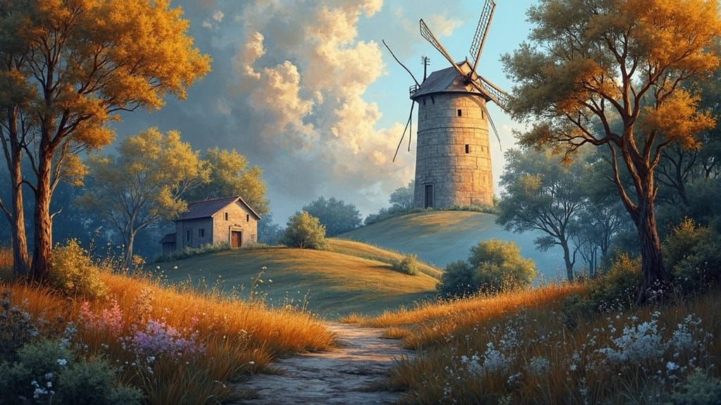Windmill at Sunset: Watercolour Painting Aesthetic