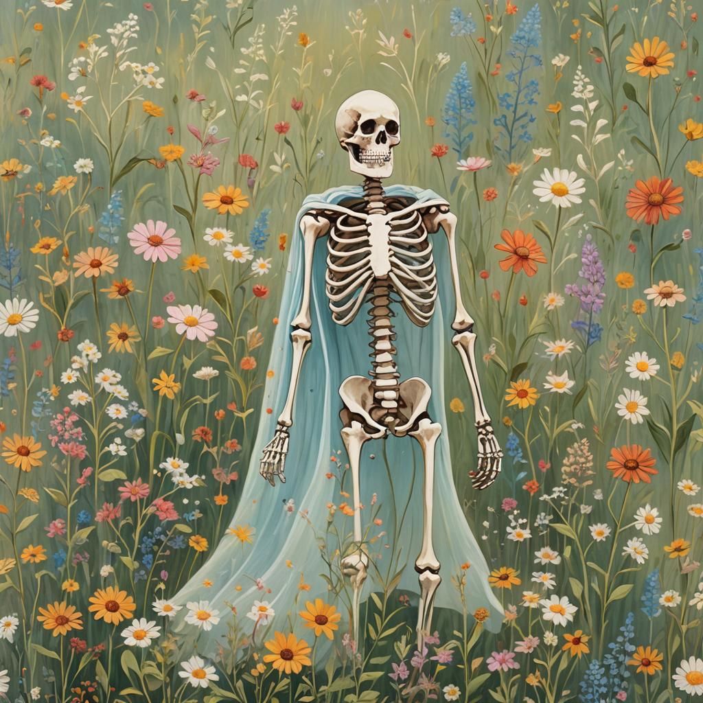 Skeleton's Whimsical Meadow Bouquet in Folk Art Style