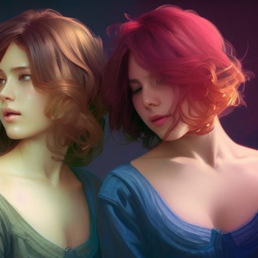 Girls Kissing: Detailed Portrait in Art Nouveau Style