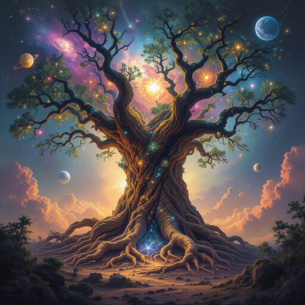 Colossal Cosmic Tree with Luminescent Flora