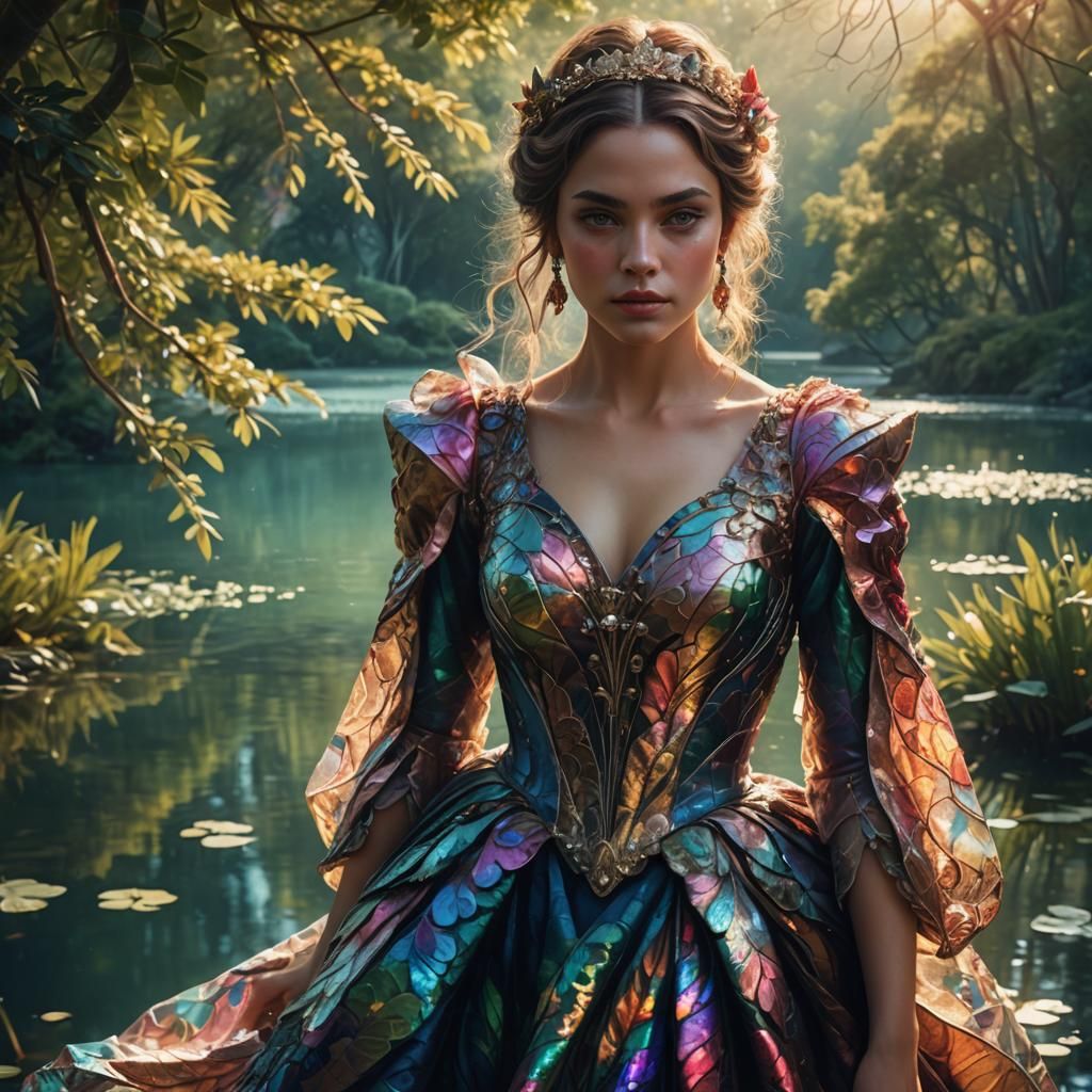 Woman in Extravagant Gown by Lake: Fantasy Art