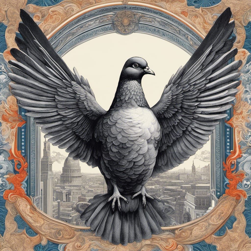 Patriotic Pigeon in Maximalist Woodcut Style
