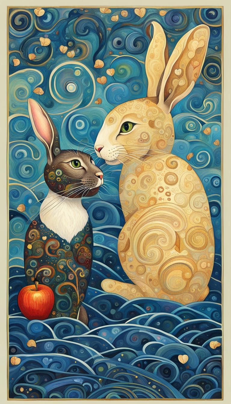 Rabbit and Cat with Heart Apple in Klimt Style