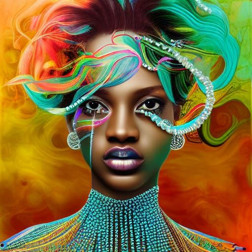 Detailed Mixed Media Portrait with Flowing Chroma Hair