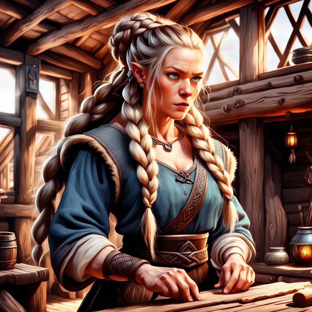 Viking Woman Crafts Rune Magic Cartoon