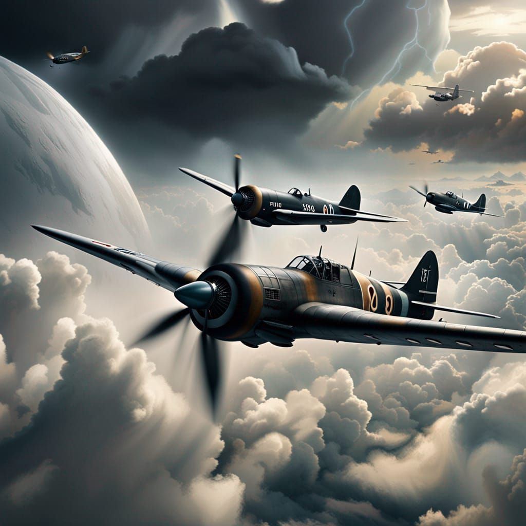 WWII Airplanes Battle in Dramatic Sky