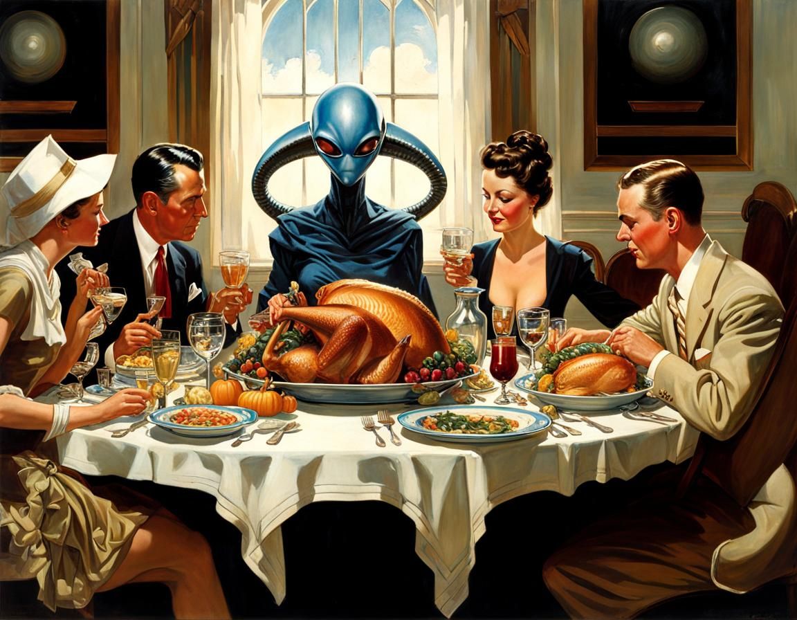 Alien Thanksgiving Feast in Classic Illustration Style