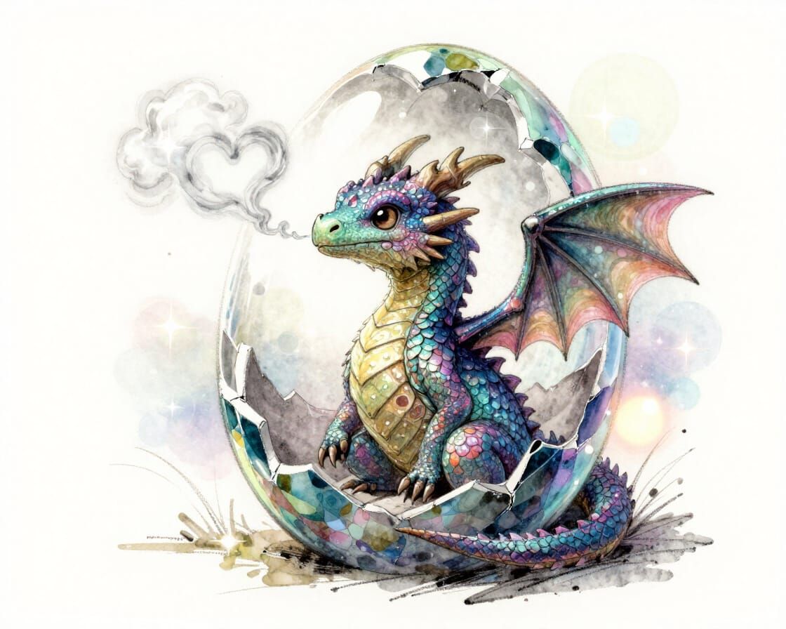 Dragon Hatchling in Crystal Egg Watercolour Sketch