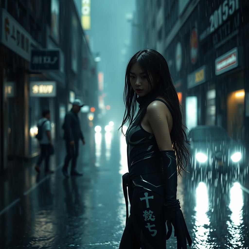 Rainy Cityscape with Ninja Girl: Cinematic HDR Image