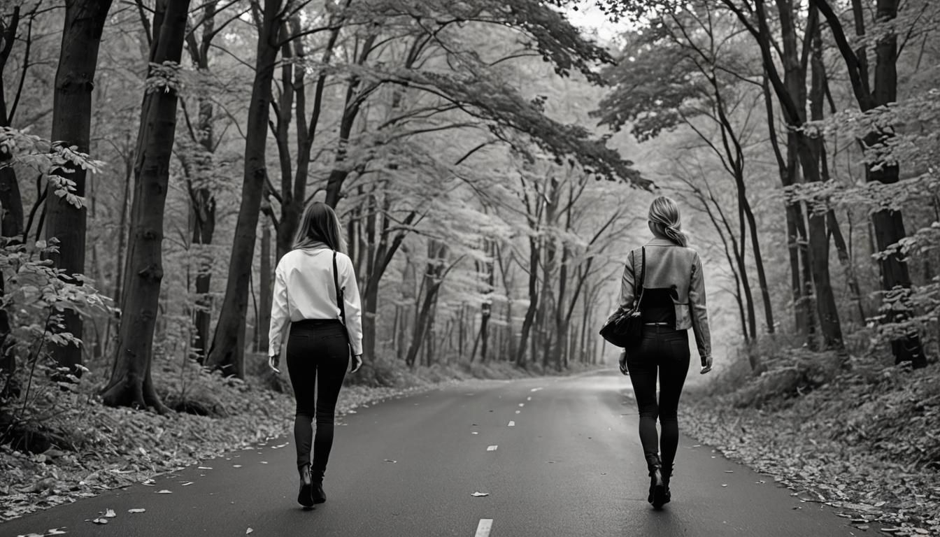 Woman in Autumn Road: Black and White with Color Accents