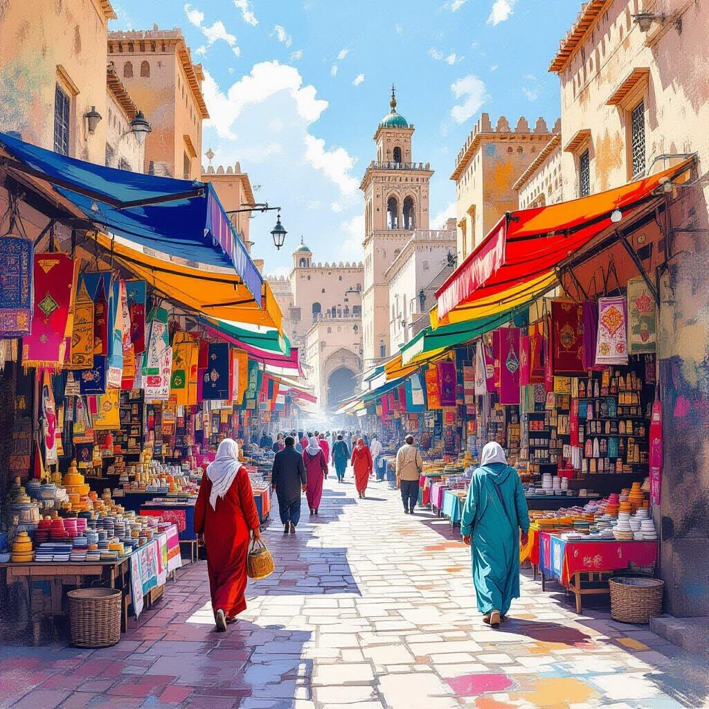 Vibrant Moroccan Souk in Watercolour Graffiti Style