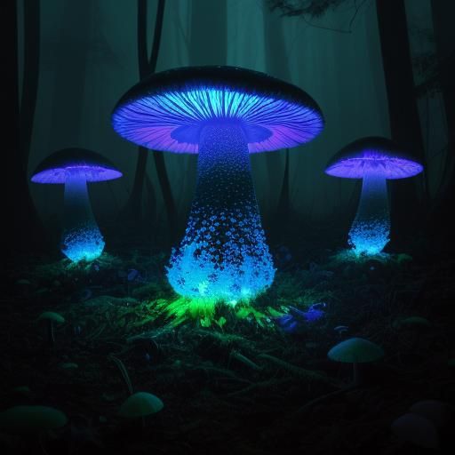 Bioluminescent Mushroom Growth in Dark Forest