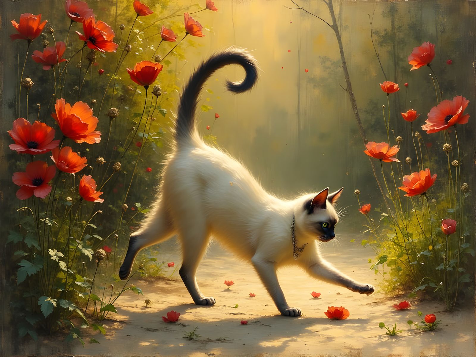 Elegant Siamese Cat Stretching in Garden, Da Vinci Style