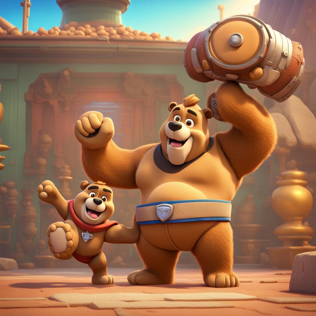 Yogi Bear and Rubble Sumo Wrestling: 3D Digital Art