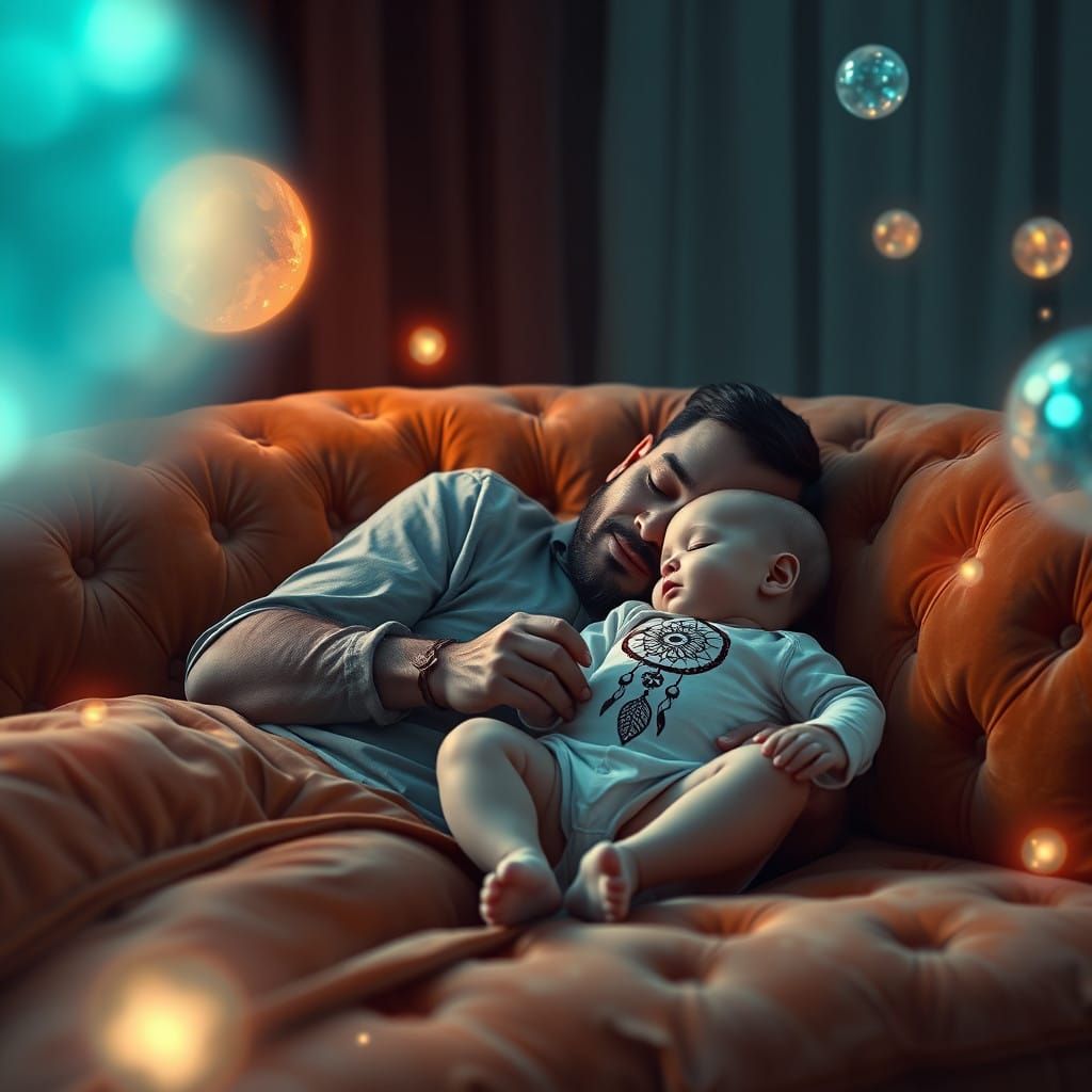 Baby Awakens Sleeping Father in Dreamlike Scene
